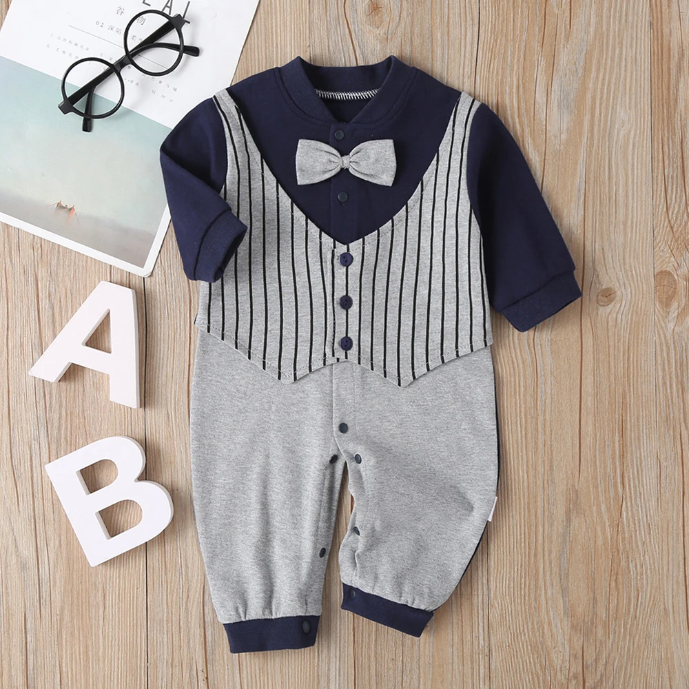 LAPA 0-12 Months Baby Boys Romper Lapel Fake Two-piece Gentleman Bow-tie Long-sleeve Bodysuits New Formal Dress Infant Babygrows