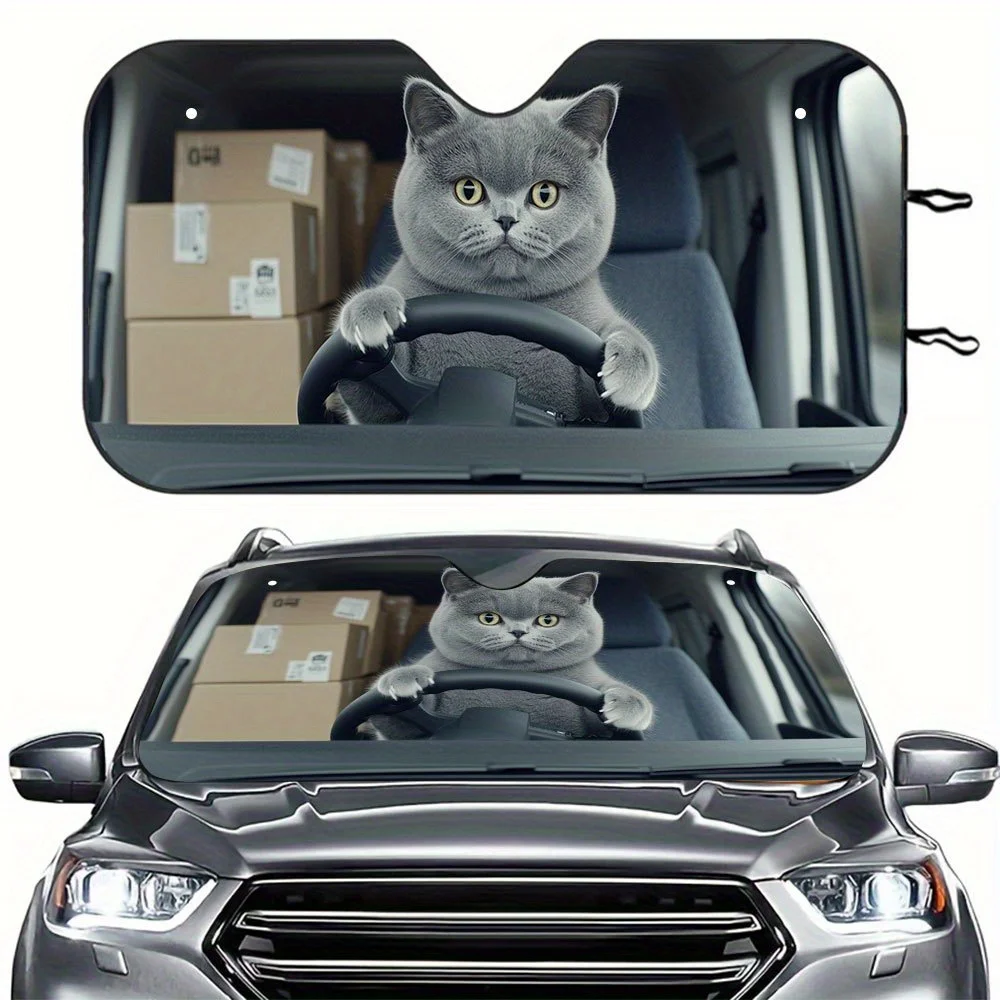 

1pc Funny Animal British Shorthair Cat Design Vehicle Front Windshield Sunshade with 2 Free Suction Cups - 57.09x27.56 Inch Fit
