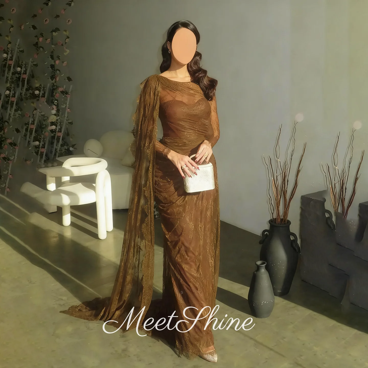 ヴィンテージブラウンマーメイドOネックプリーツプロムドレスドバイ長袖イブニングドレスサウジアラビア فساتين سهرةカスタマイズ