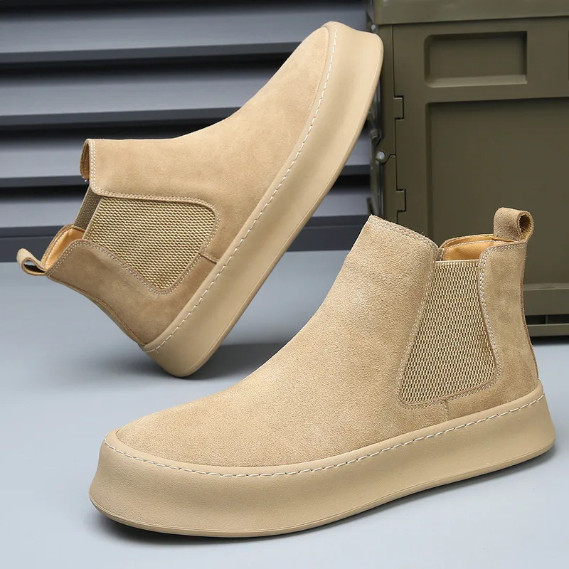 

Man Suede Leather Casual Shoes Retro Designer Flat Skate Shoes Winter Plush Chelsea Boots