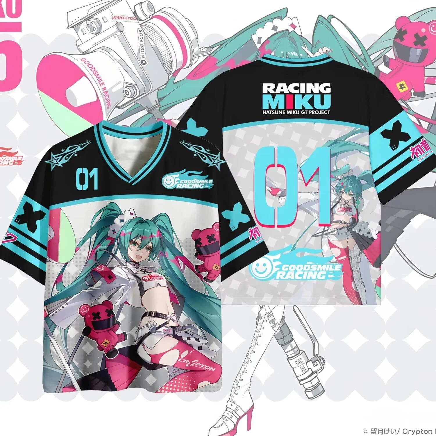 Hatsune Miku Racing GT Planning V-neck Jersey Full Printed T-shirt Men's and Women's Double Sided Full PrintedVocaloid Fan Shirt