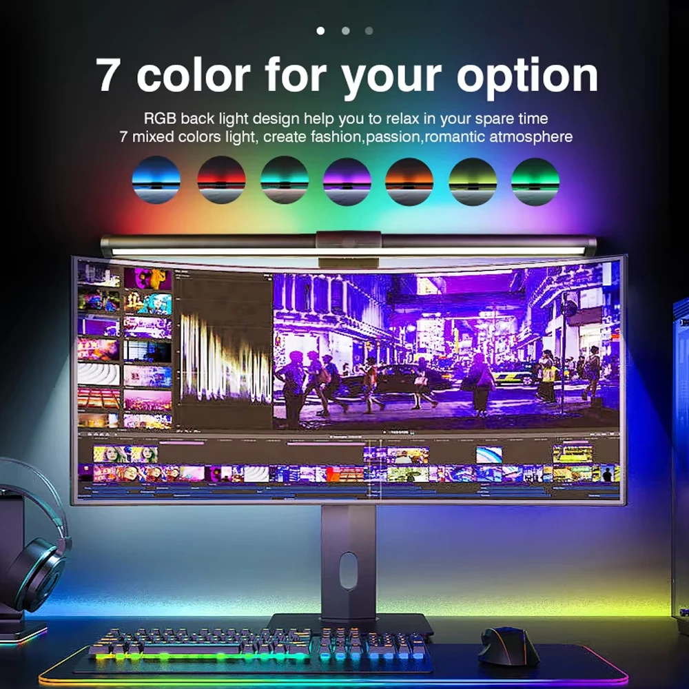 Wiscolor RGB LED PC Monitor Light Bar Computer Monitor Screen Hanging Light Stepless Dimming Eye-Care USB Atmosphere Table Lamp