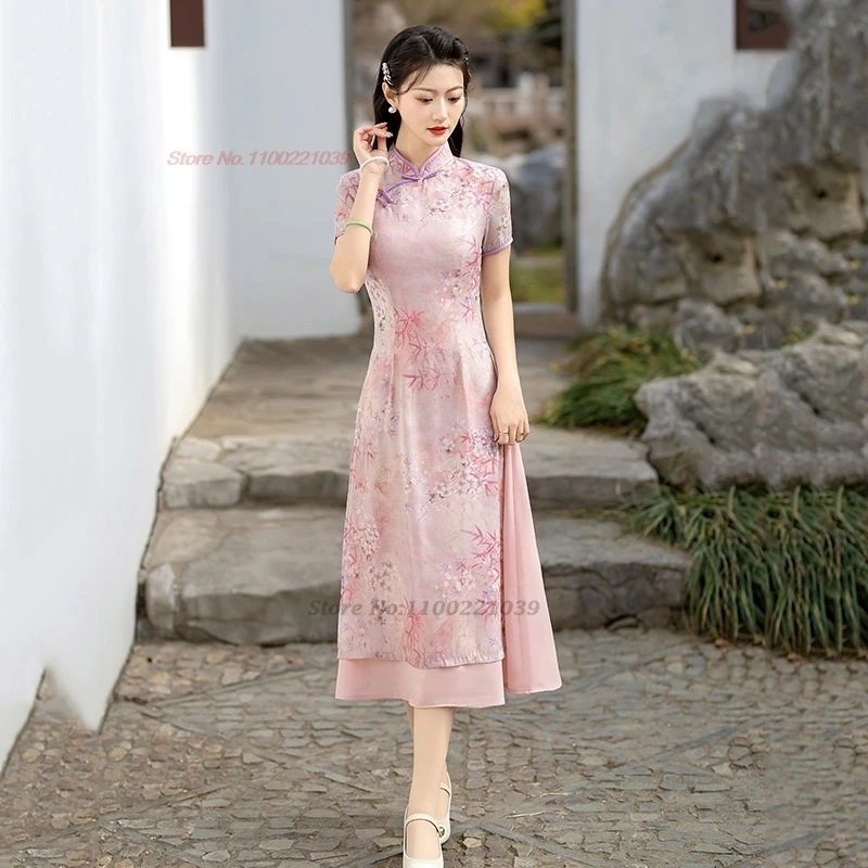 

2025 vietnam traditional folk dress aodai chinese cheongsam national flower print cheongsam dress stage performance a-line dress