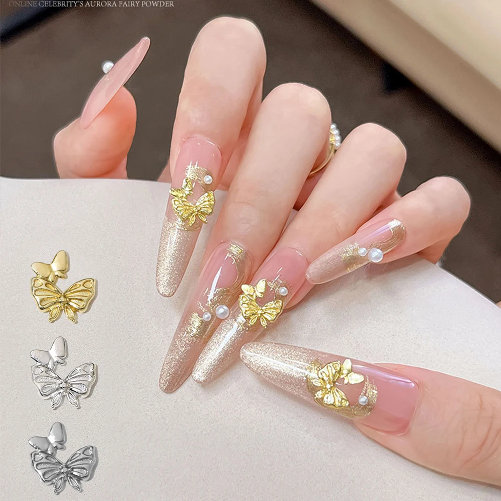 30pcs 3D Double Butterfly Alloy Nail Charms Gold/Silver/White Butterflies Nail Art Decoration Exquisite Butterfly Nails Supplies