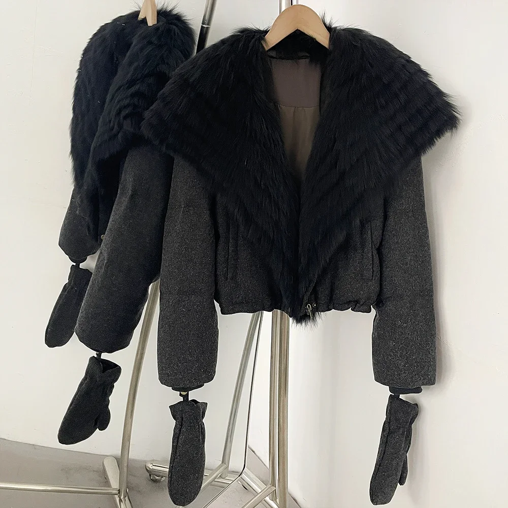 OFTBUY Daunenjacke mit passenden Handschuhen, neue, warme Winterjacke mit echtem Fuchspelz, luxuriöse Damenjacke aus Wollmischgewebe. – Detail 7