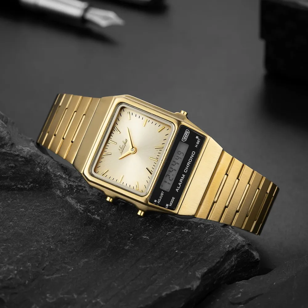 MISSFOX Classic Retro Square Gold Watch Men Analog Digital Dual Display Quartz Clock  Waterproof Business Casual Wristwatch