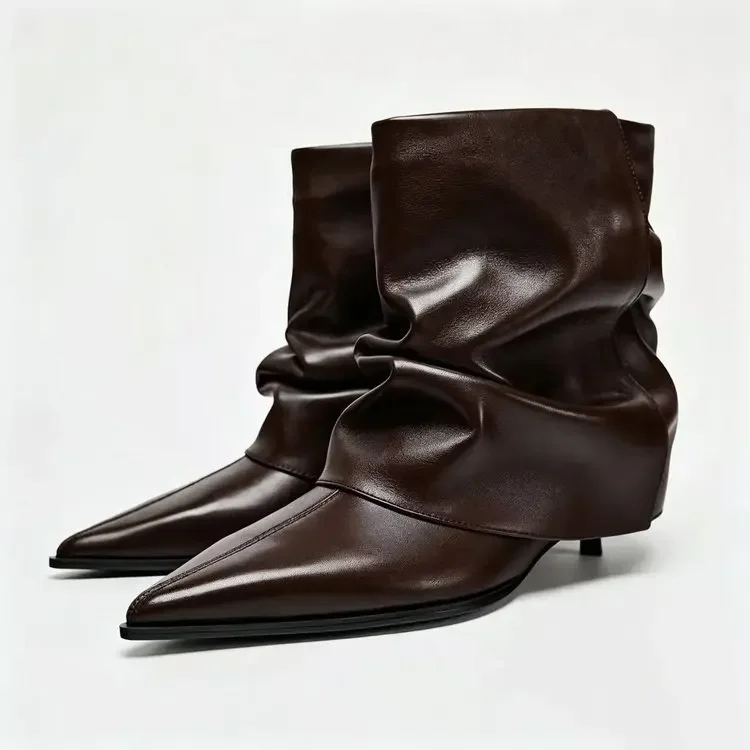 Leder-Designer-Damenstiefel mit Kitten-Heel, Schwarz, Sexy Spitze, Hohe Absätze, Kurze Stiefel, Damen-Winterstiefel mit Falten, Damen-Knöchelstiefel – Detail 2