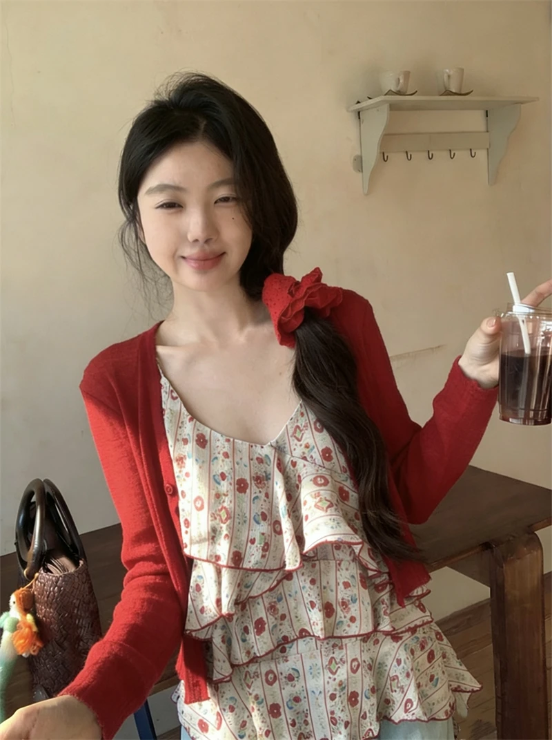 

Sweet Style Long Sleeve Open Cardigan Jacket Women's Summer Inner Floral Tank Top Strap Two Piece Set Slim Fit Short Length