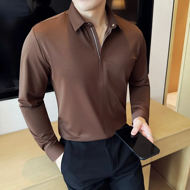 Men Autumn Lapel Long Sleeve Business Dress Shirts Solid Color Casual Social Party Blouse High Quality Seamless Zipper Shirt for