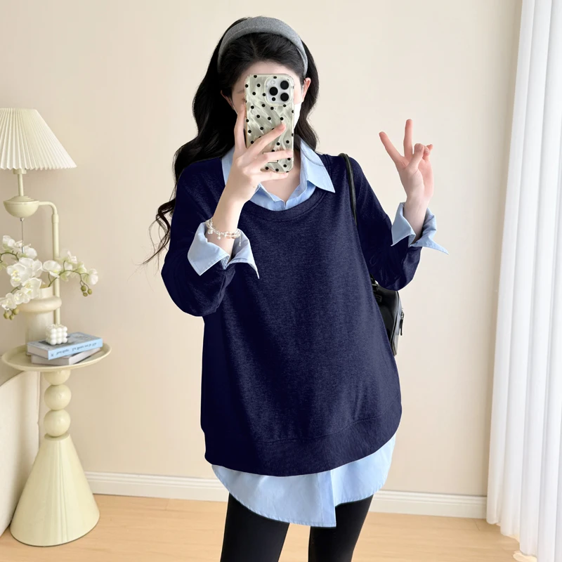 Korean Style Maternity Polo Shirt Autumn/Winter - Color-Block False Two-Piece Design Slimming Fit Blouses for Pregnancy Women