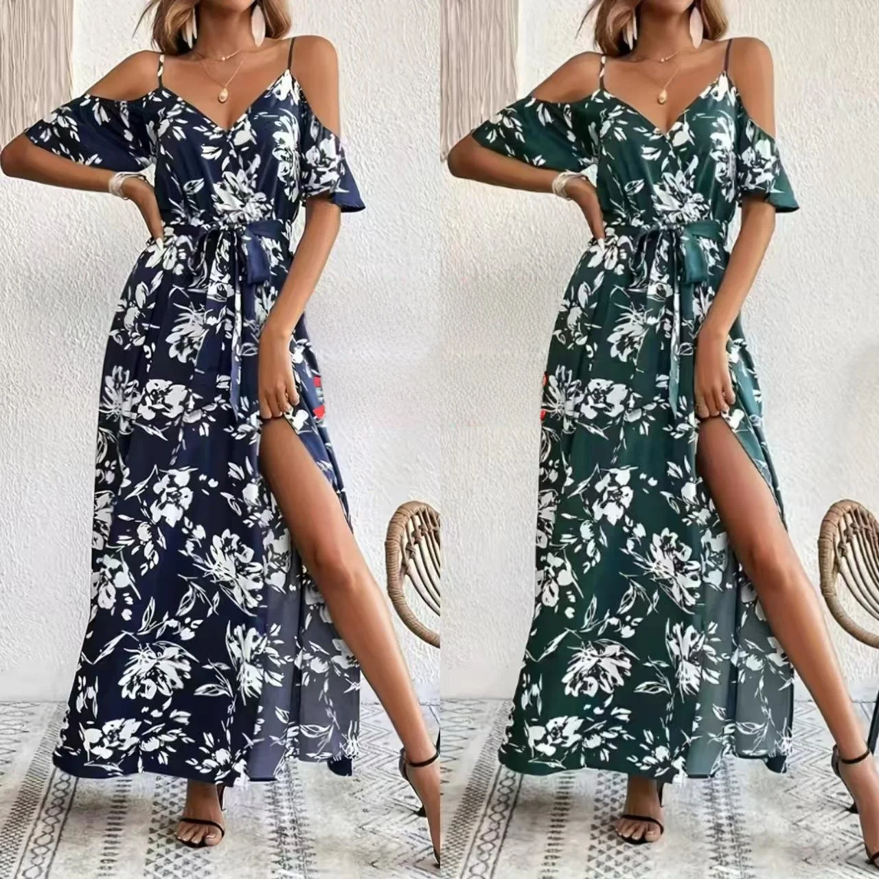 섹시한 스트랩 비대칭 롱 플로럴 프린트 비치 드레스 여성 크로스보더 의류 탄력 있는 허리 나일론 코사이트 섬유...