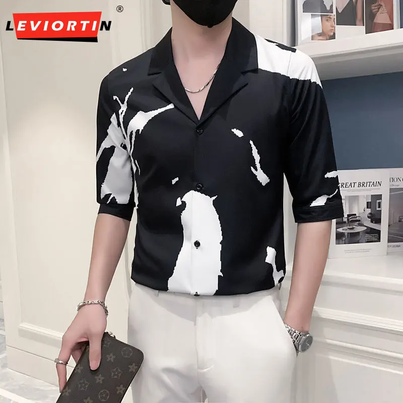 

Black/White Summer Turn Down Collar Half Sleeve Casual Shirts For Men Clothing 2024 All Match Slim Fit Office Blouse Homme 3XL-M