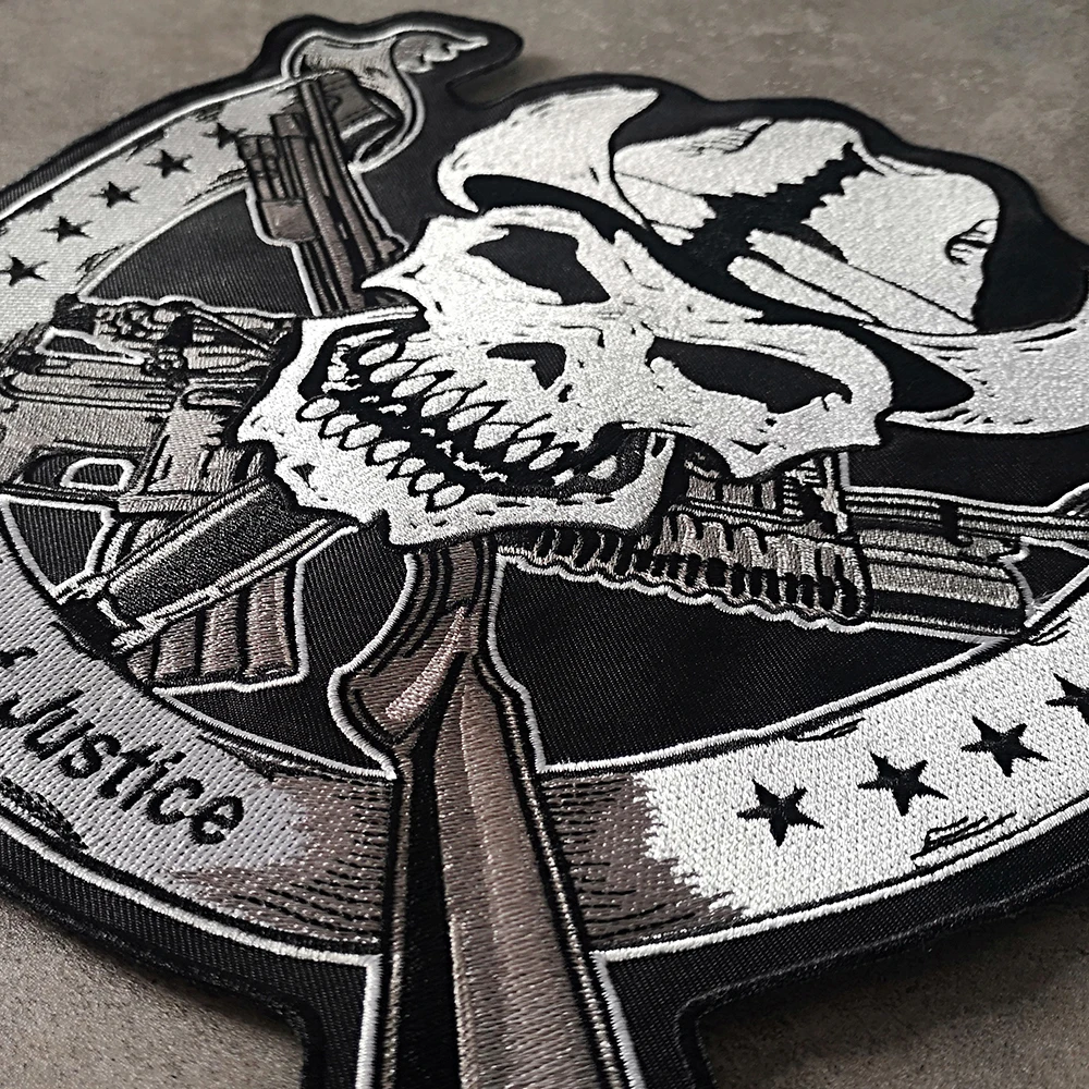Righteous  Double Gun Skeleton Embroidery  Patch Back Logo Motorcycle Horseman  Personalized Leather Vest Decoration 29*29cm