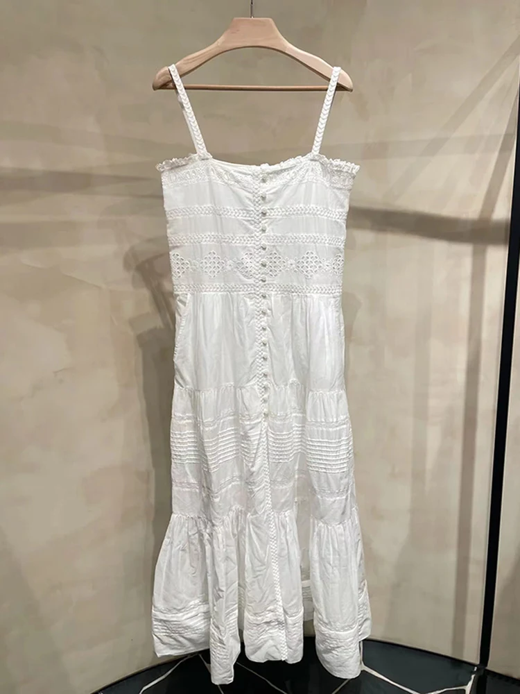 

Spring Summer French Style Women's Long Dress with Shoulder Strap Splicing Heavy Embossing before Button Cotton Casual Gown