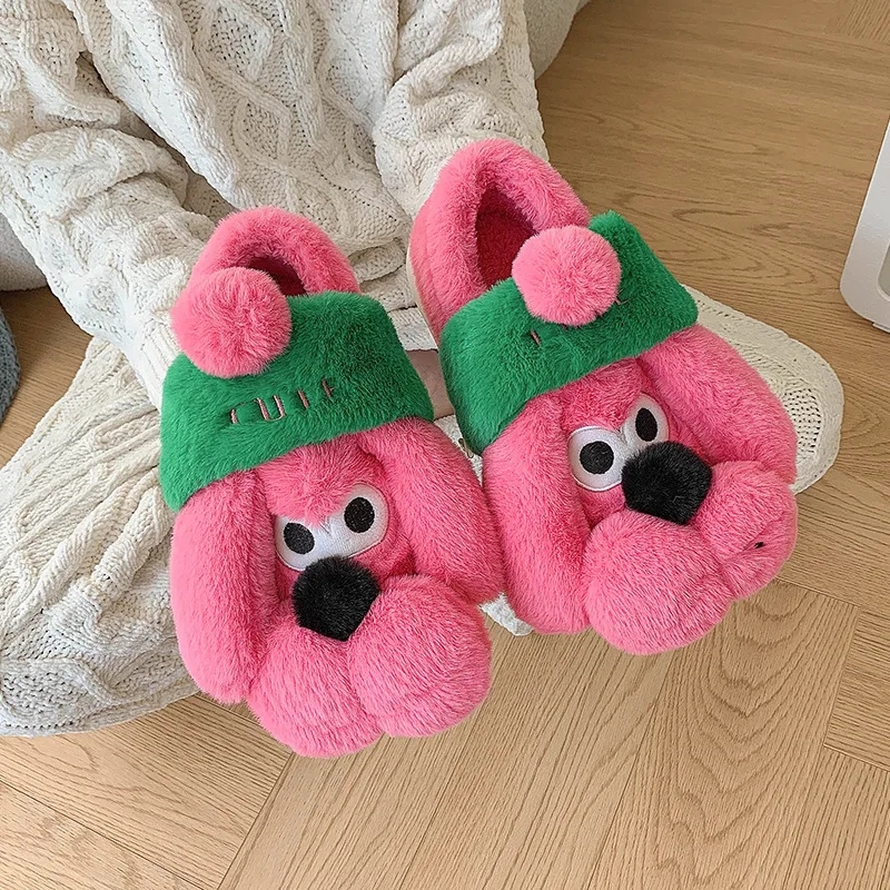 2024 New Cute Cartoon Dog Indoor Slippers For Woman Men Winter Warm Shoes Soft Plush Lovely Style Couples Home Floor Slipper