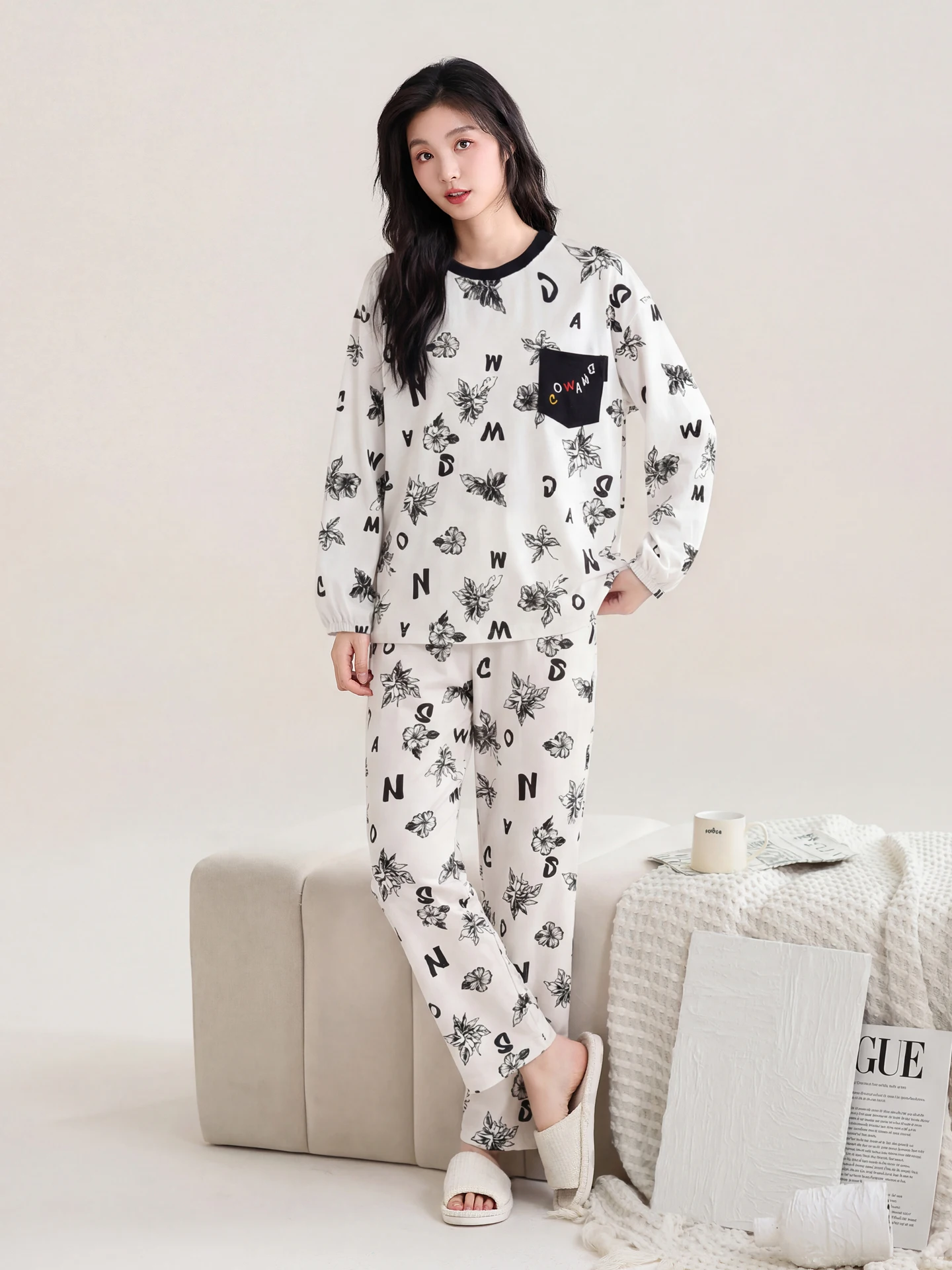 Doral Conjunto de Ropa de Casa de Algodón Puro para Mujer, Primavera-Otoño, Holgado, Manga Larga, Efecto Adelgazante, Prenda Exterior Adecuada