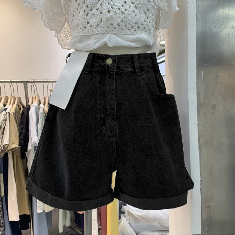 

Дизайнерские джинсовые шорты с талией для женщин, однотонные широкие брюки с высокой талией, универсальные женские летние модные синие, черные джинсовые шорты
