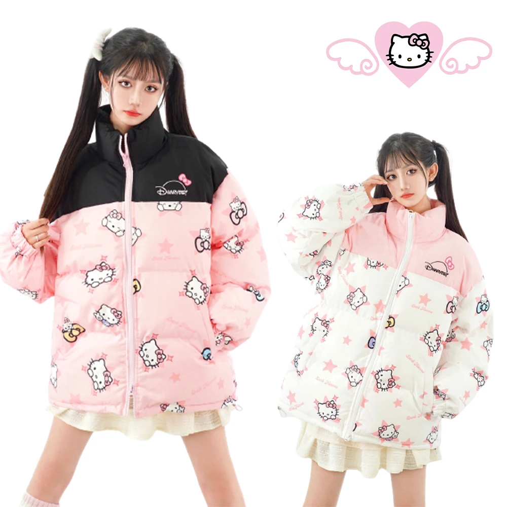 Kawaii Winter Y2K Hello Kitty Women Down Jacket Sanrioed Anime Thicken Warm Cotton Clothes Coat Girl Student Tops Loose Trend