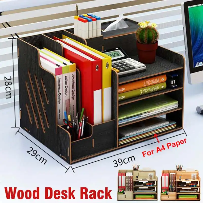 New Multi-function Desktop Organizer Wooden Storage Box Office File Tray Adjustable Wood Display Shelf Tissue Holder With Drawer