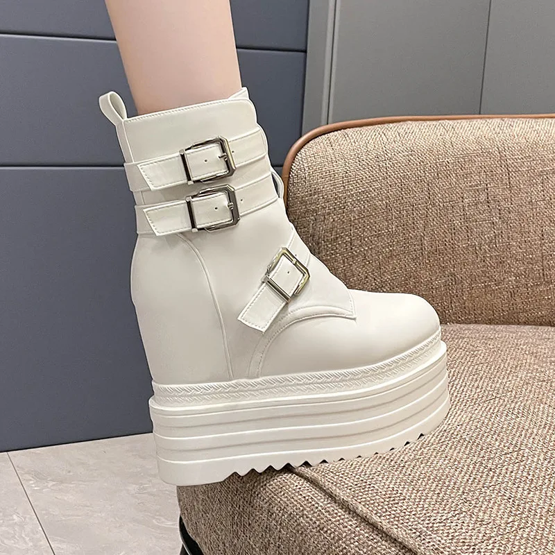 Women's Boots New Wedge Heel 13CM Waterproof Platform Heightening Single Shoes Round Toe Double Buckle Side Zipper Wedding Shoes