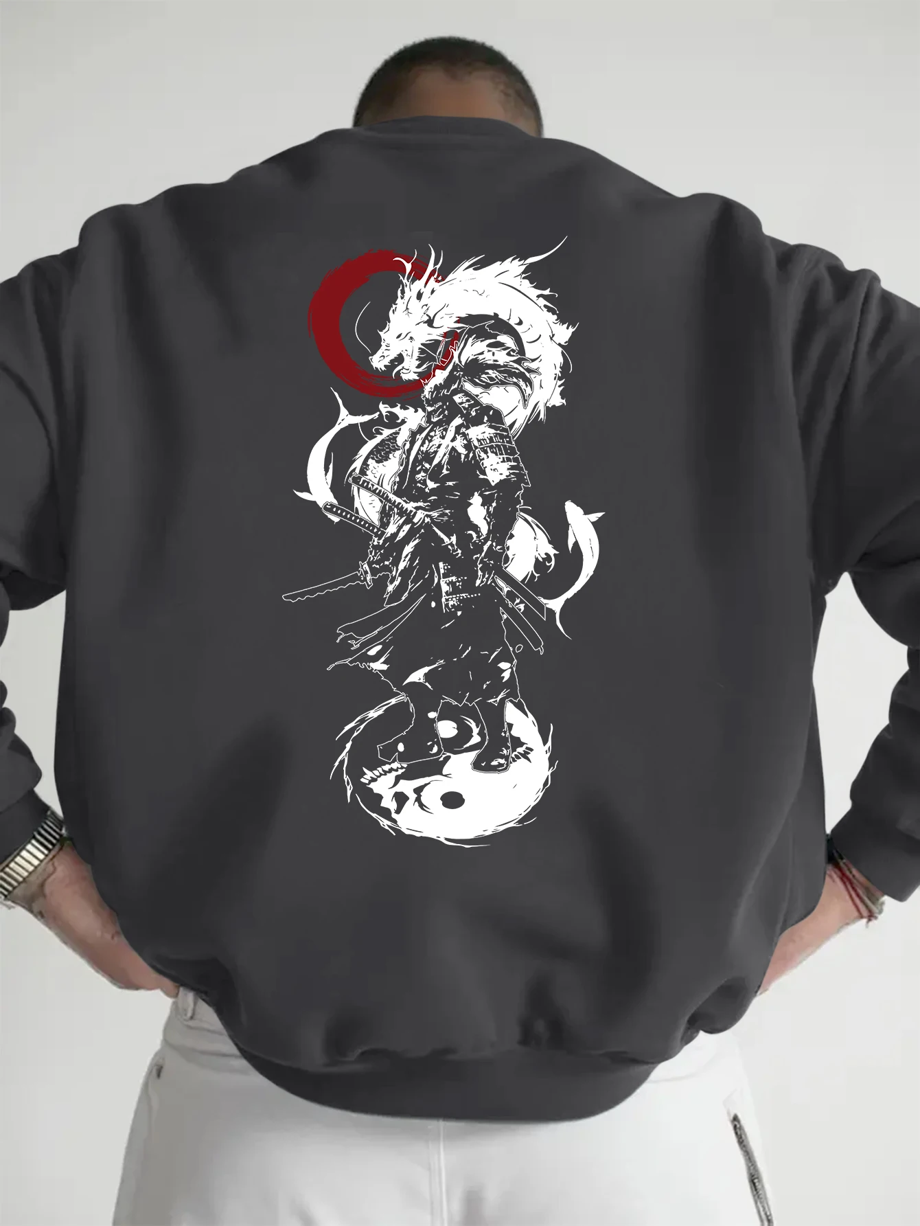 Men Japanese Samurai Dragon Yin Yang Red Enso Ink Back Print Oversized Black Crewneck Sweatshirt,HarajukuStreetwearLoosePullover