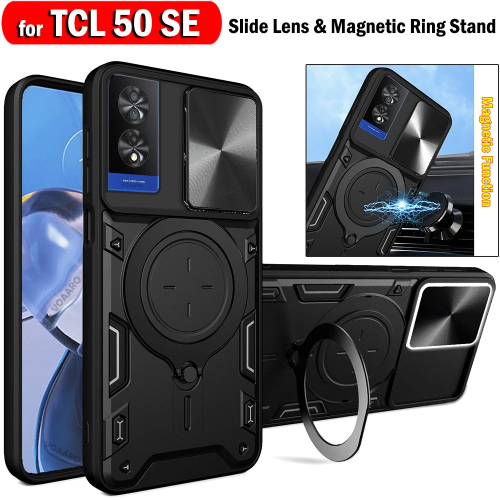 Slide Lens Camera Protection Armor Funda for TCL 50 SE Case for TCL 50 SE Case Magnetic Rotate Ring Kickstand Holder Cover