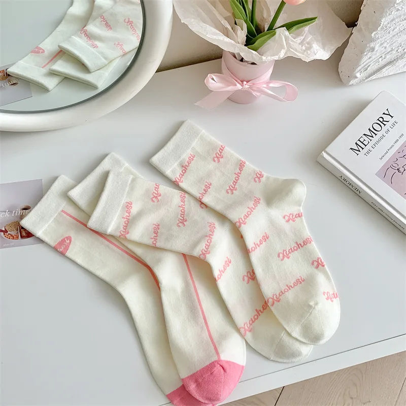 Female Ballet Style Pink Bow Letter Print Socks for Girl Summer Thin Japanese College Style Casual Middle Length Casual Socks