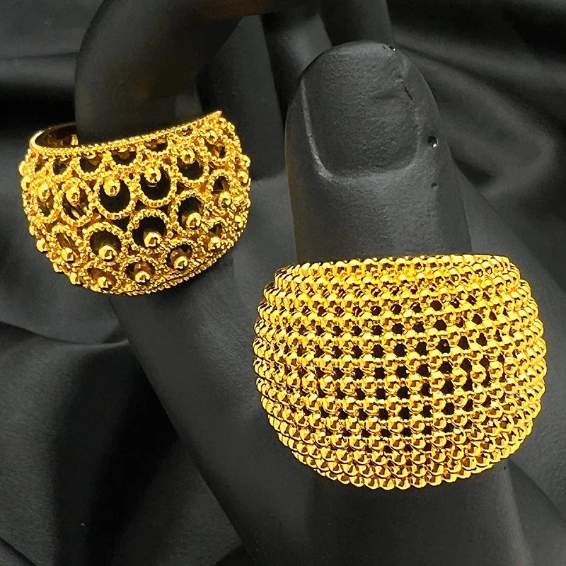 ANIID Ethiopia Dubai 24k Gold Color Cuff Ring For Women Resizable Brazilian Wedding Bride Arabic Ethiopian Finger Ring Jewellery