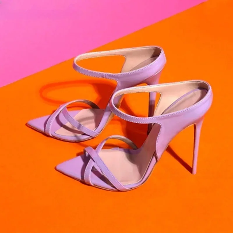 

Stylish Pointy Toe High Heel Sandals Light Purple Leather Ankle Strap Cover Heels Formal Female Footwears