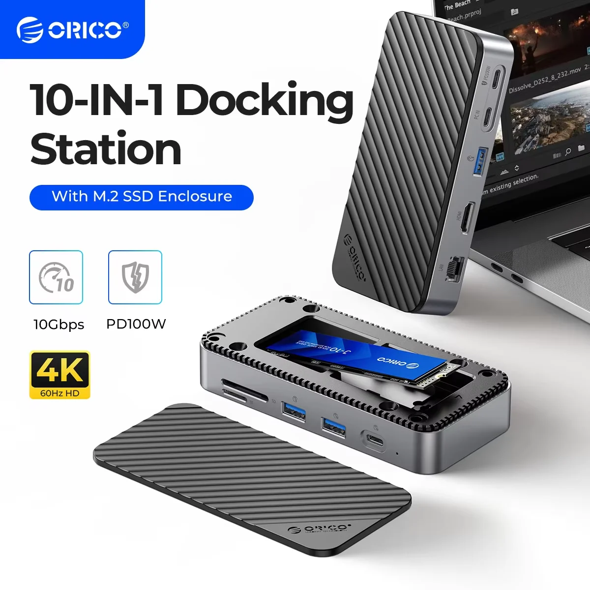 

ORICO M.2 SATA NVMe NGFF External Case USB 3.2 Docking Station SSD Enclosure Solid State Disk Drive Storage Box HDMI Video RJ45