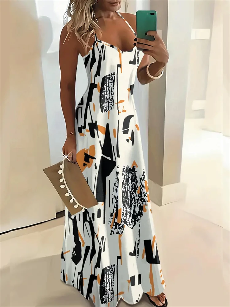 Women\'s New Fashion Summer Sleeveless Dress Casual Long Retro Strap Dress Street 3D Texture Print Comfortable Breathable Dress