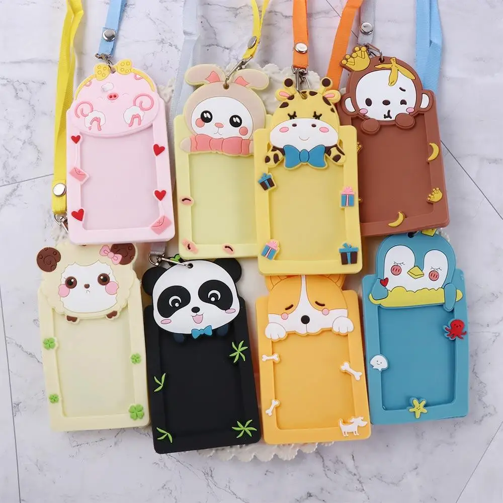 Cute Animal Name Card Bus Card Protector Cover Silicone ID Badge Card Holder with Rope Work Card
