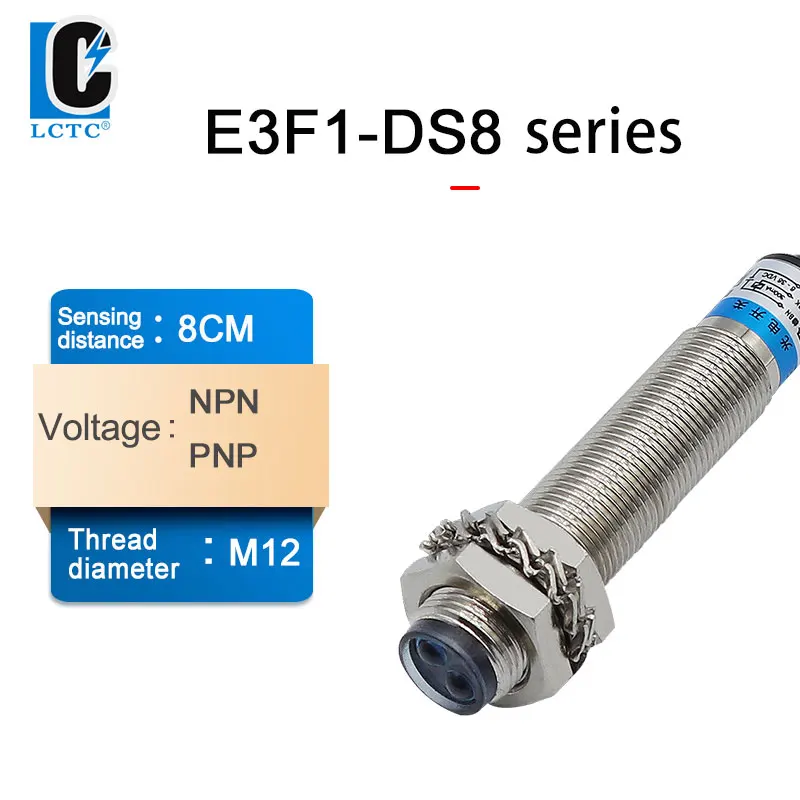 

Infrared, Photoelectric, Sensor Switch, Diffuse Reflection, E3F1-DS8, DC 6-36, Three-wire, M12, Distance-wire,M12, 8cm