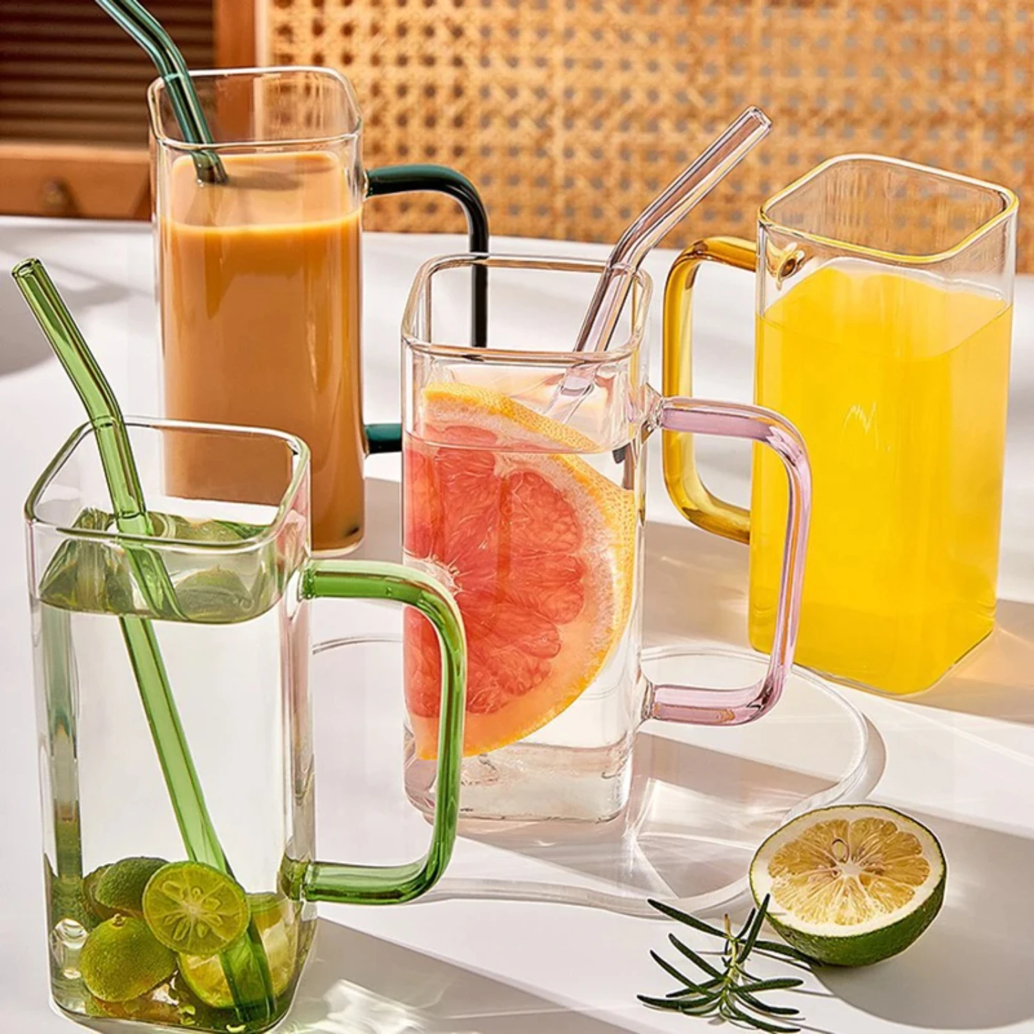 400ml Square Glass Cup With Lid and Straw Breakfast Glasses Milk Cup Microwave Safe Transparent Beer Iced Coffee Mug Drinkware