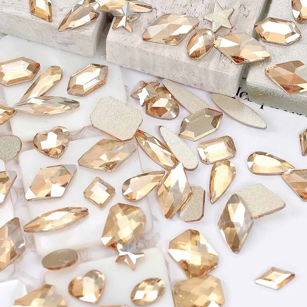 เพชรตกแต่งเล็บ 12 ช่อง สีแชมเปญ แบบกระจก ผสมเพชรกลมและเหลี่ยม ประกายระยิบระยับ รูปหัวใจ ดาว คริสตัล
