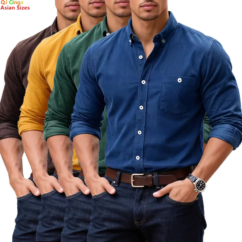 Spring and Autumn Men's Blue Long-sleeved Shirt, Corduroy Fabric Shirts,  Available in Red, Black, White, Green and Yellow.