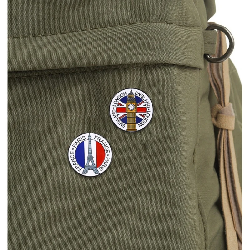 Creative Europe Travel Brooch Flag Pin Set with Eiffel Tower Big Ben Leaning Tower of Pisa Alloy