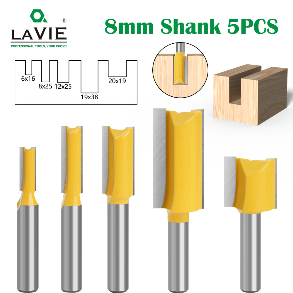 LAVIE 5pcs set 8mm Shank Straight Bit Tungsten Carbide Double Flute Router Bits Milling Cutter For Wood Woodwork Tool  C08002T5A