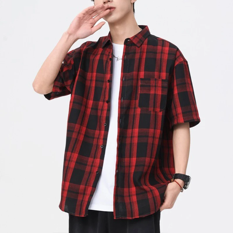 

Men's Red Black Plaid Short Sleeve Shirt Loose Casual Turn Down Collar Summer Tops
