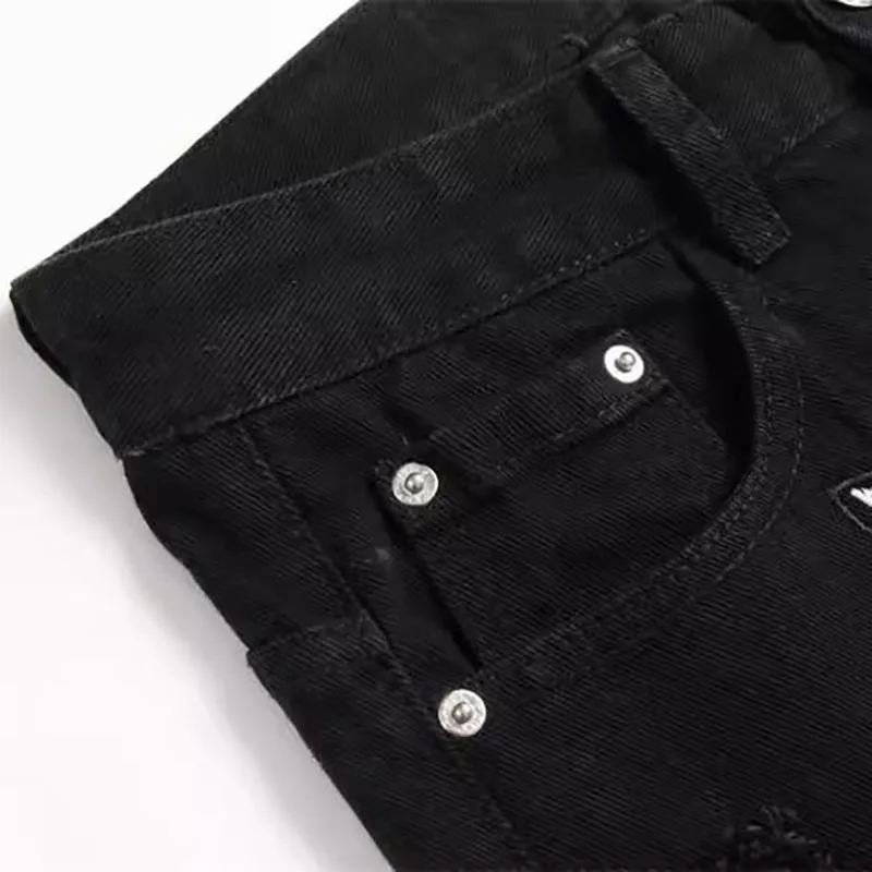 Herfst en winter retro zwarte gescheurde jeans heren broek met rechte pijpen Pentagram patch casual jeansbroek