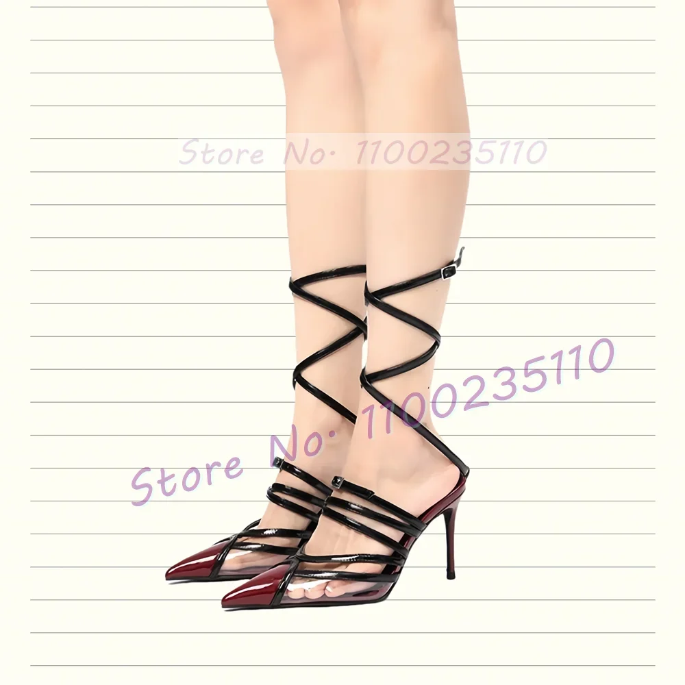 

Burgundy Pointed Stitching Cross Tie Sandals Women Novelty Buckle Strap Two-tone High Heels Sandals Lady Sexy Clear Dress Shoes