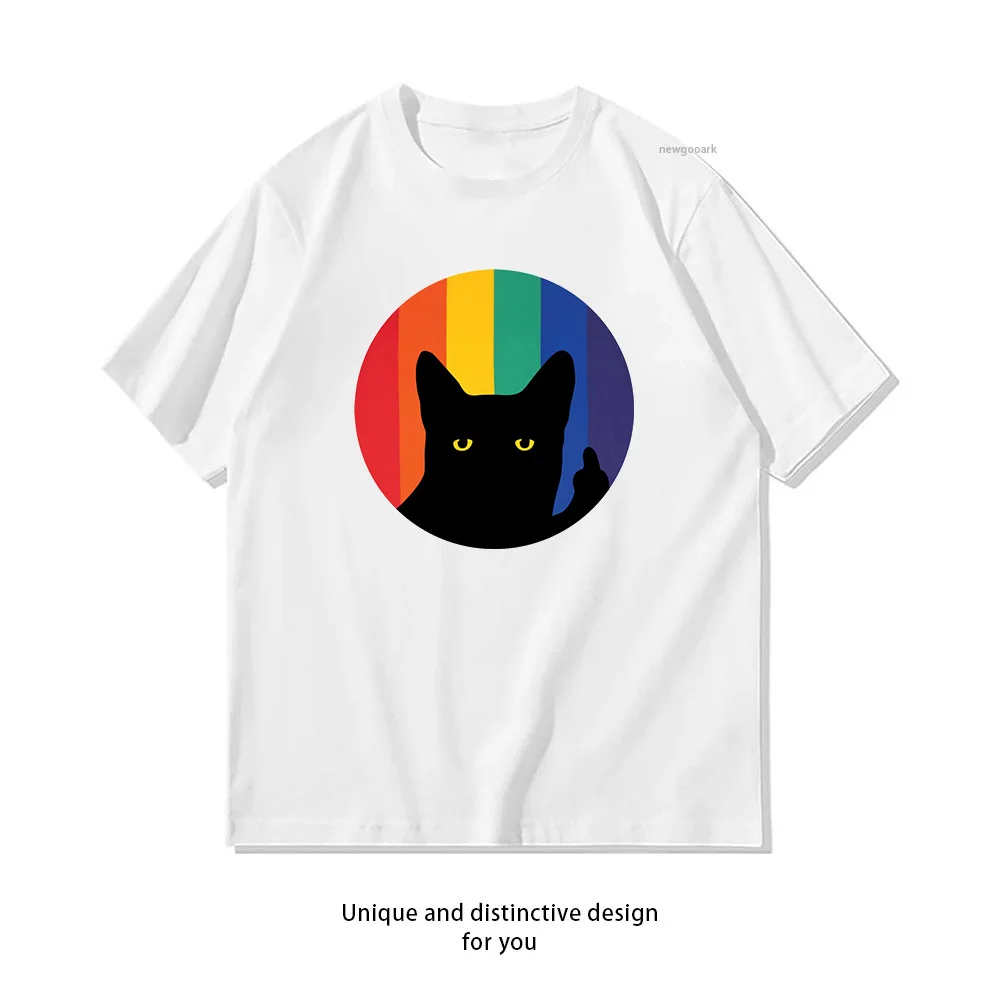 Middle Finger Cat in Rainbow Circle Art T-Shirt woman man summer cotton graphic t shirts Adult camisetas tops tee Short-sleev