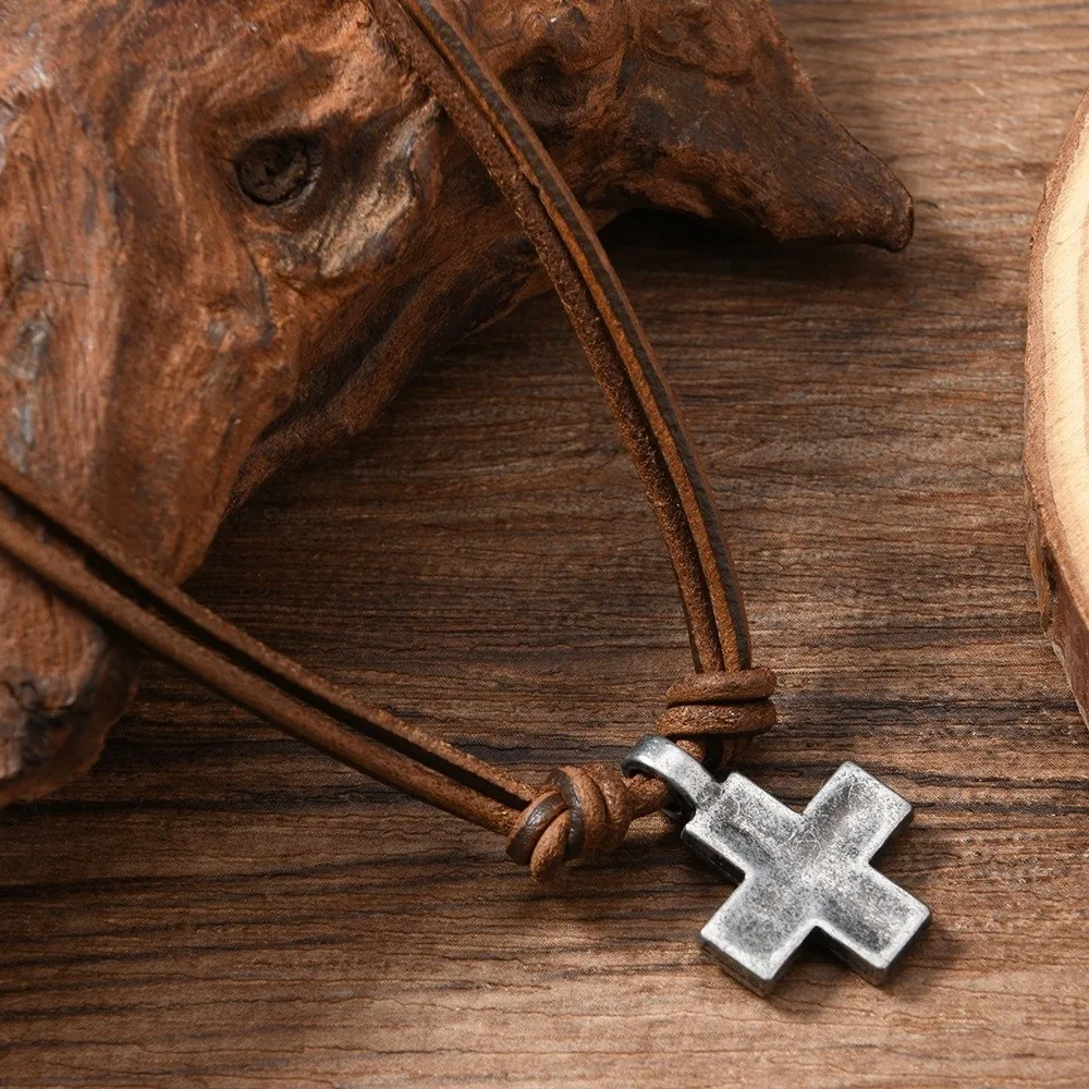 Fashion Retro Cross Pendant Simple Handmade Craft Rope Leather Alloy Braided Cross Unisex