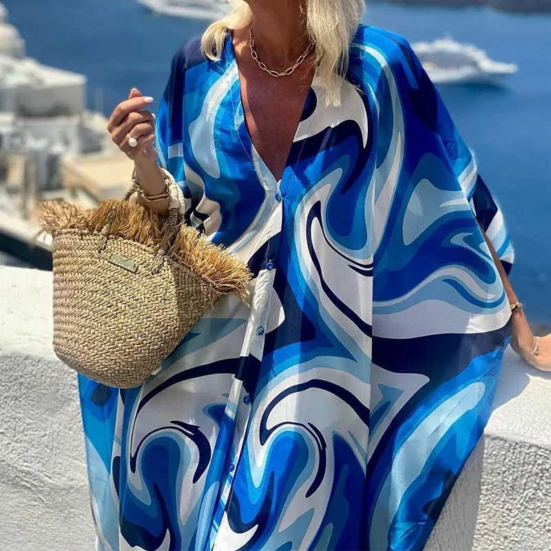 Women's New Fashion Casual Bat-sleeved Long-sleeved Shirt Wide-leg Trousers Tie-dye Printed V-neck Single-breasted Two-piece Set