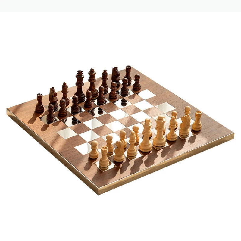 Natural Wood Chess Games Crafts Minimalism Metal Chessboard Chess Pieces Artwork Ornaments Modern Casual Chess Games
