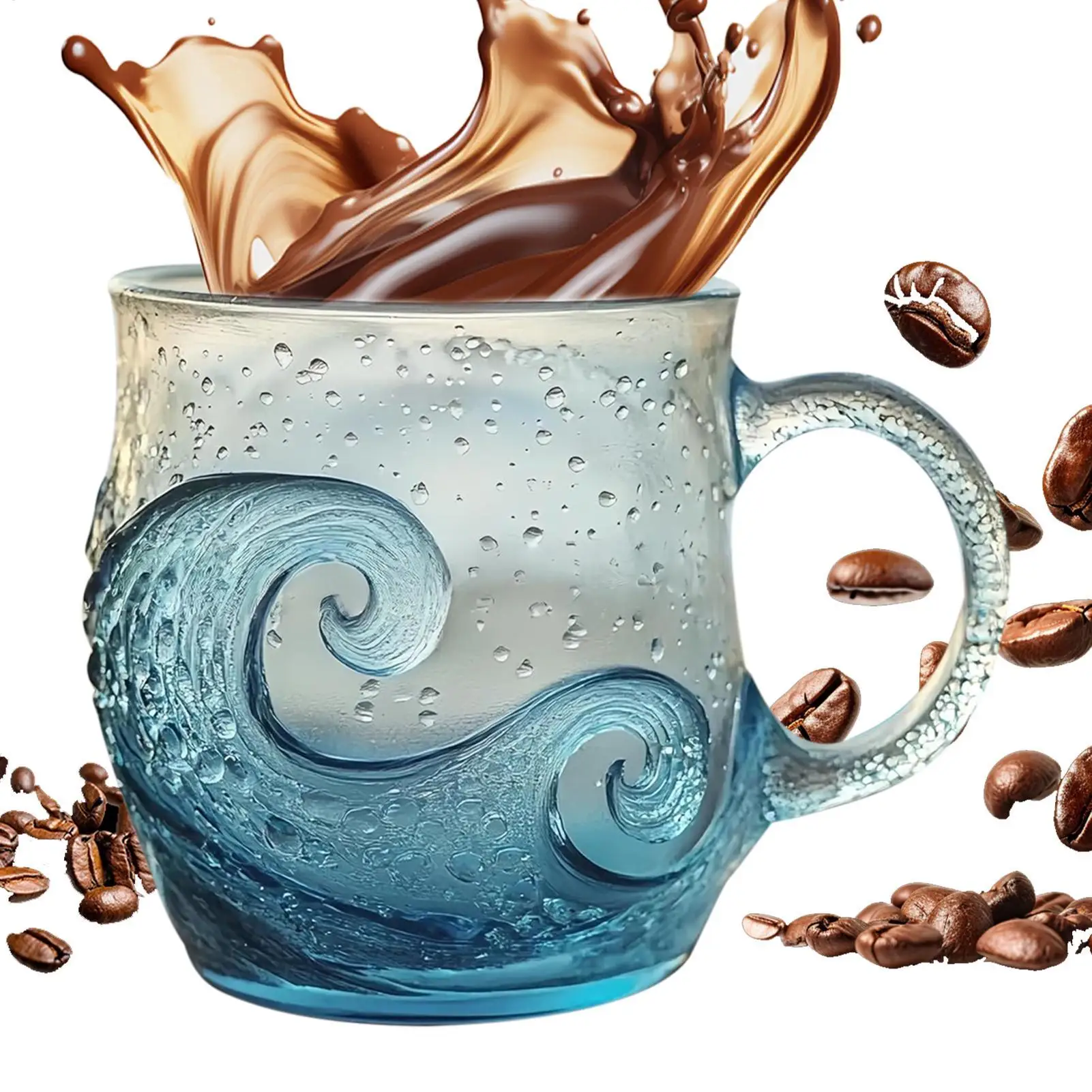 Glass Mugs Wave Design 300ml Cup Coffee Mug with Handle for Kids Beach House Office Women Men Adults Home