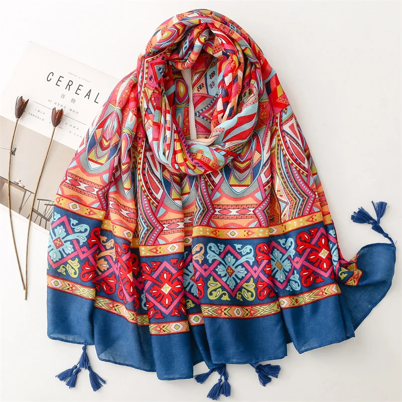 African Indian Ethnic Geometric Floral Tassel Viscose Shawl Scarf High Quality Wrap Headband Bufanda Muslim Hijab Sjaal 180*90Cm