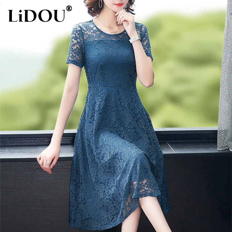 

Spring Summer 5XL Elegant Fashion Lace Hollow Out Midi Dress Lady Short Sleeve Waist A-line Dresses Women Robe Vestido De Fiesta