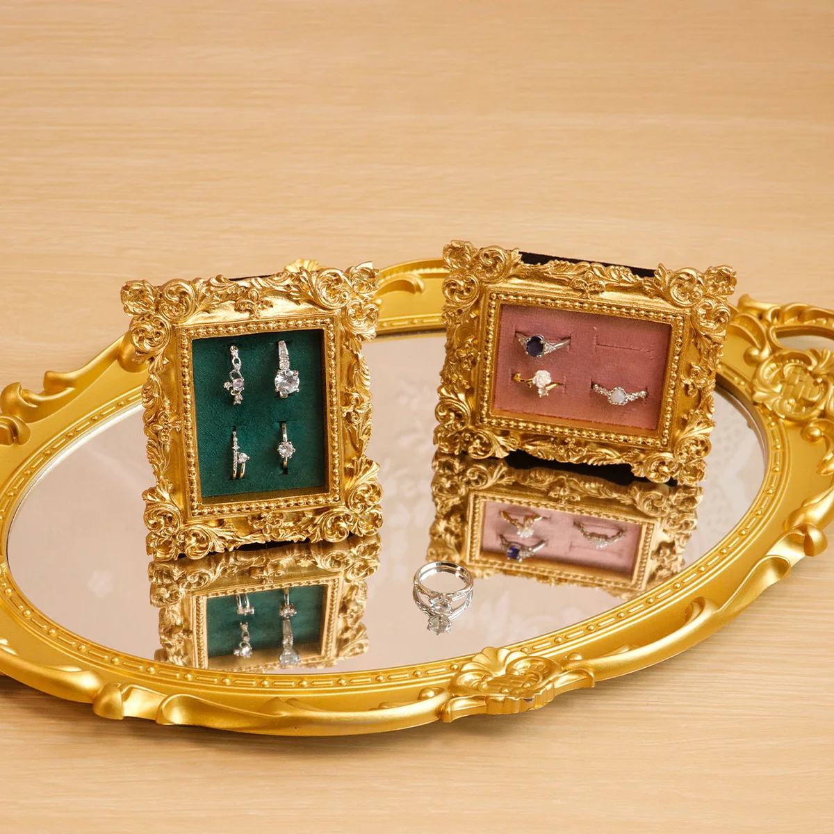 حامل عرض خاتم ذهبي عتيق، صينية حلق من جلد الغزال، تصميم باروكي، هدايا الزفاف وأعياد الميلاد، منظم مخملي لدعامة الخطوبة #4