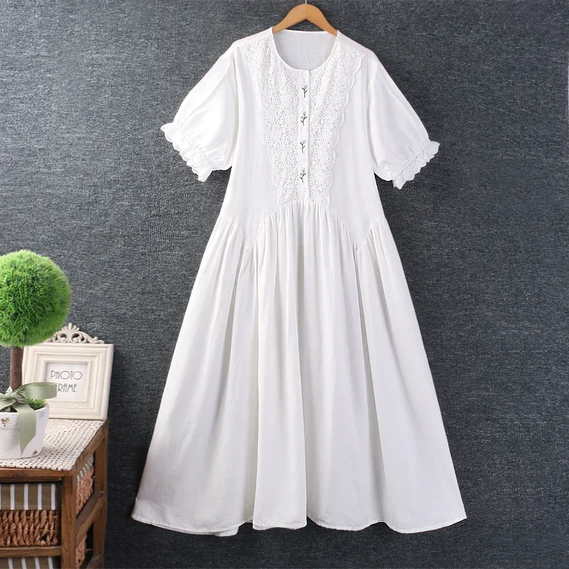 Summer Sweet Mori Girl Hollow Out Embroidered Cotton Linen Dress Women O-neck Short Sleeve Casual Loose A-line Dresses